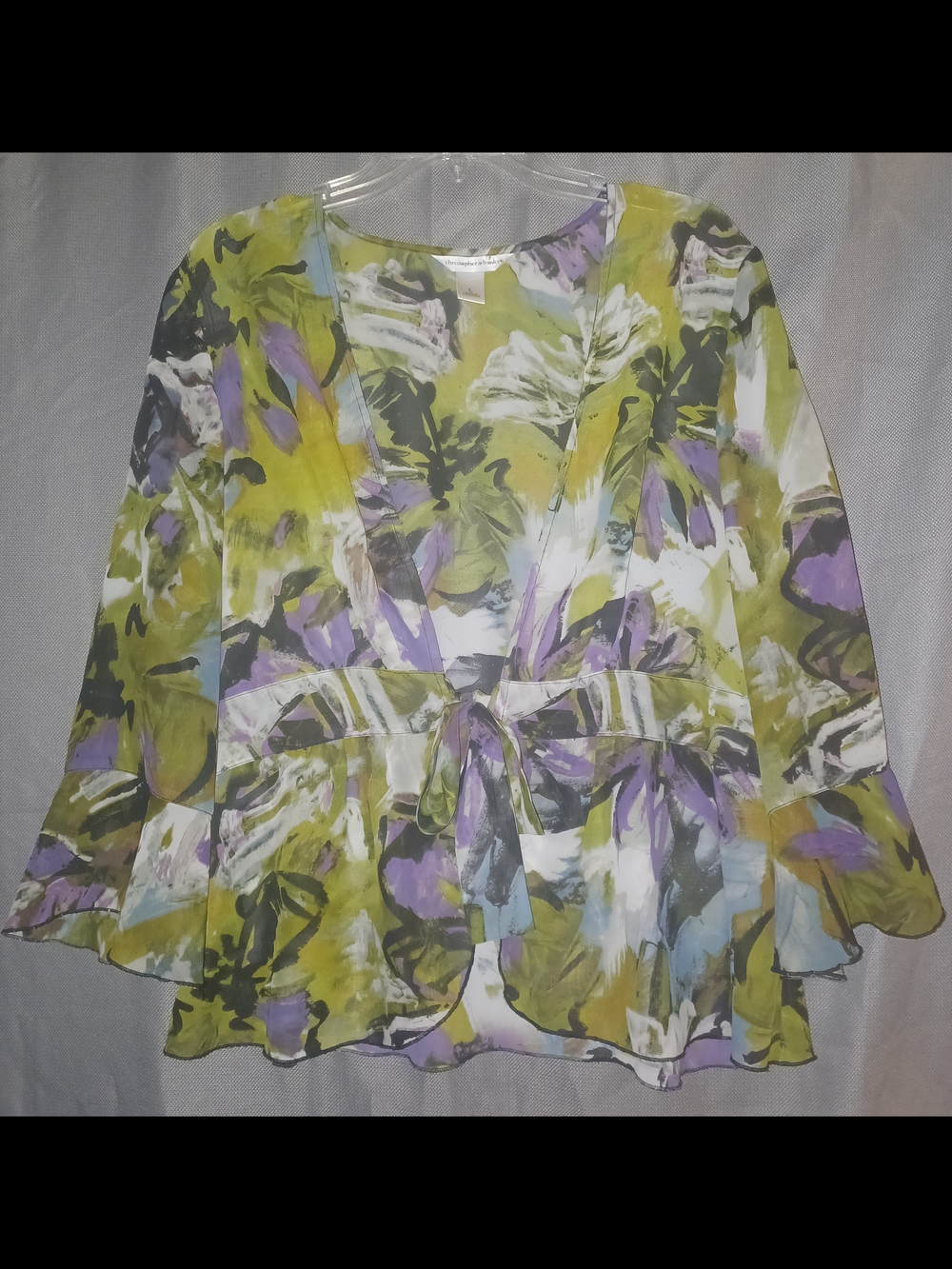 Christopher & Banks Watercolor Floral Tie-Front Blouse in Green, Purple, White